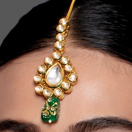 Green Enamel Mirror Stone Maang Tikka Handcrafted Bridal Jewelry